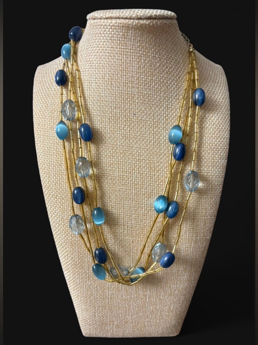 VTG Unbranded Multi Strand Blue Cat Eye Bead Necklace - Picture 5 of 5